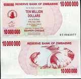 Zimbabwe $10 Million Dollar Bearer Cheque, 2008, Uncirculated