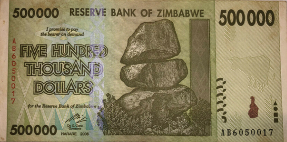 Zimbabwe $500 Thousand Dollar Banknote, 2008, Circulated (used)